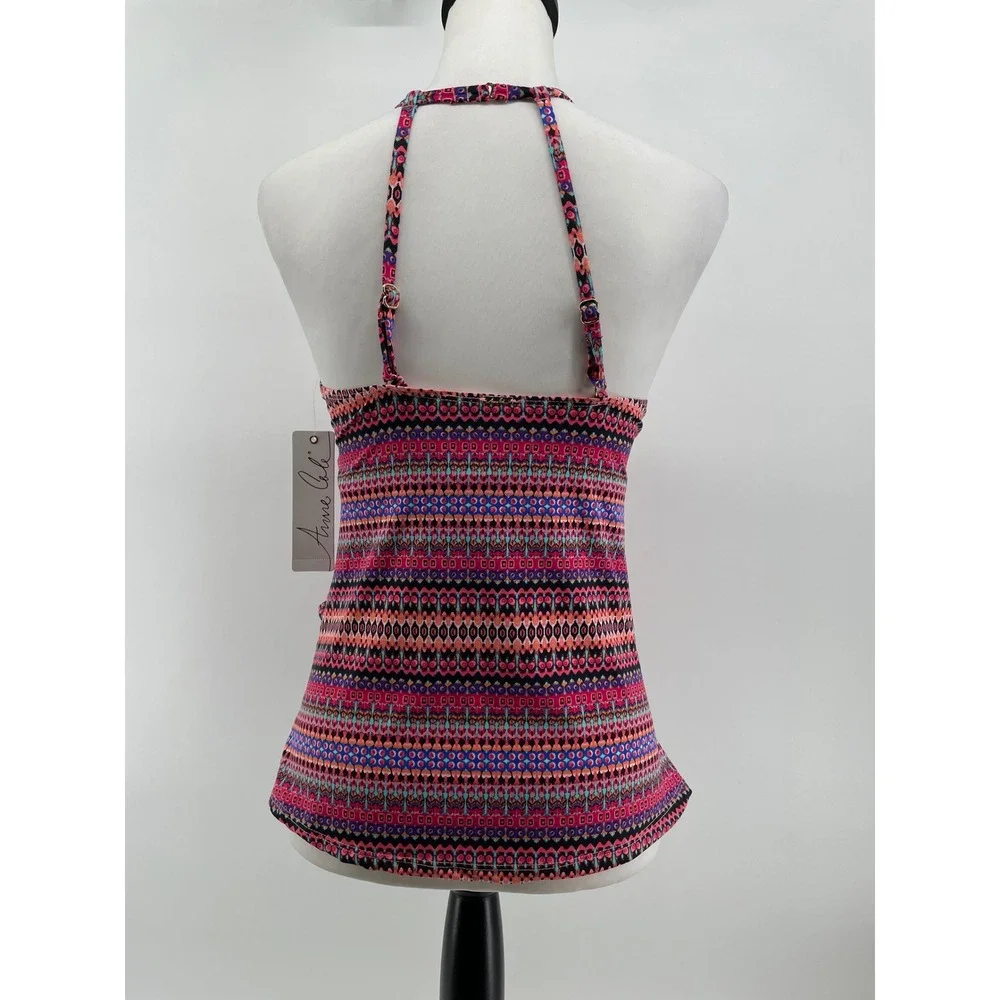 Anne Cole Tankini Swim Top Womens Large Pink Print Padded Halter Ruched Side NWT - Picture 2 of 8